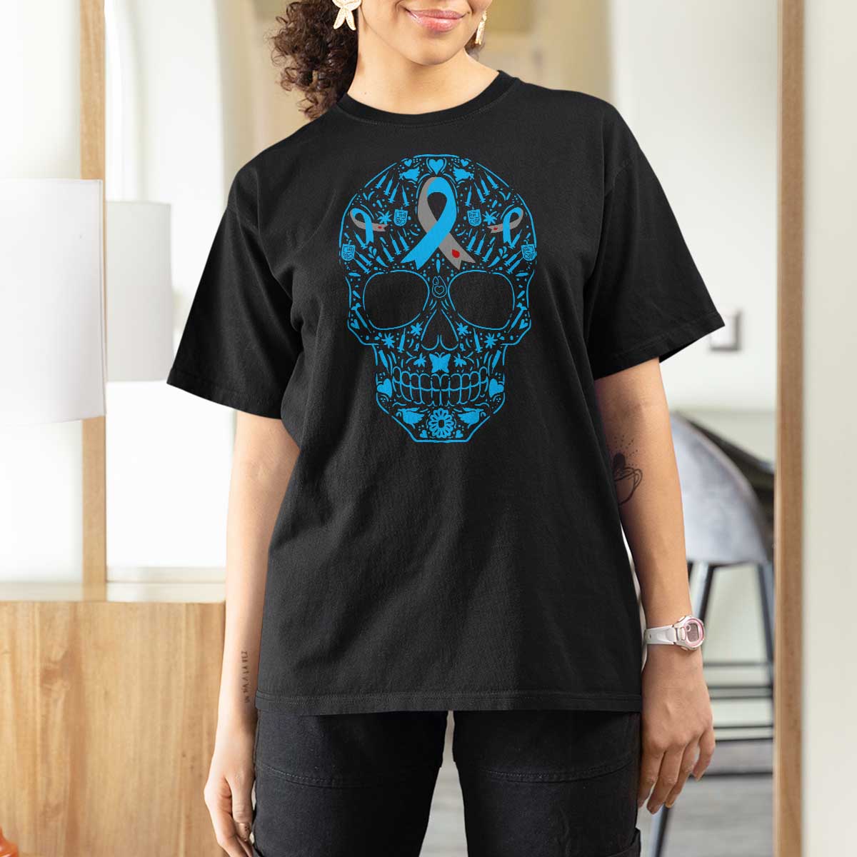 Diabetes Awareness Skull T Shirt For Women Blue Ribbon T1D Support Sugar Skull - Wonder Print Shop