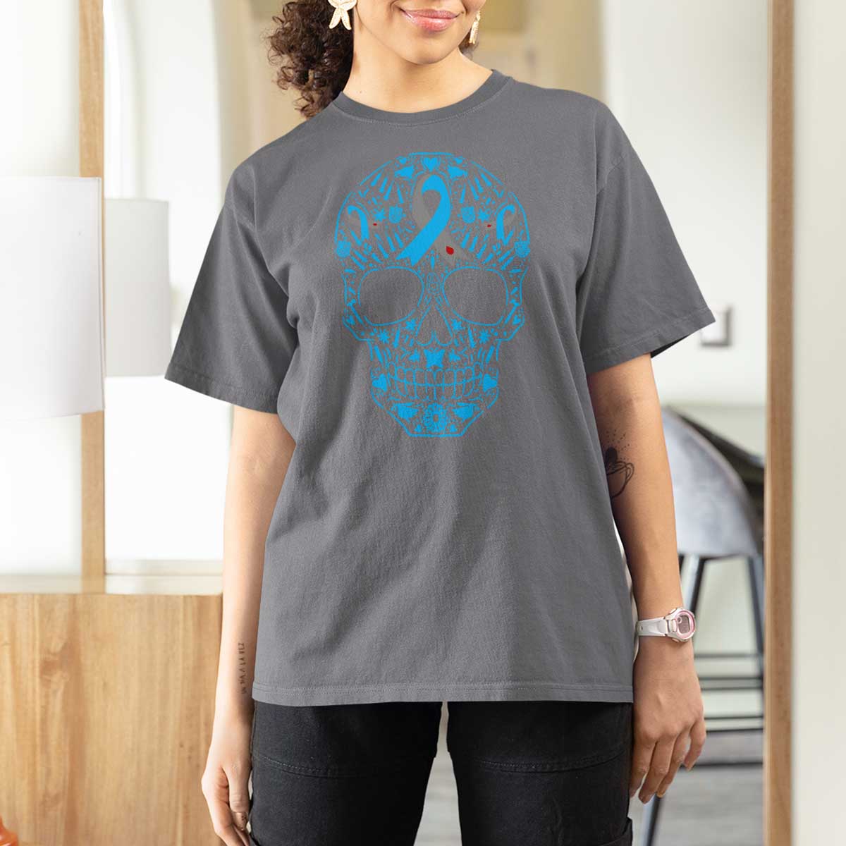 Diabetes Awareness Skull T Shirt For Women Blue Ribbon T1D Support Sugar Skull - Wonder Print Shop