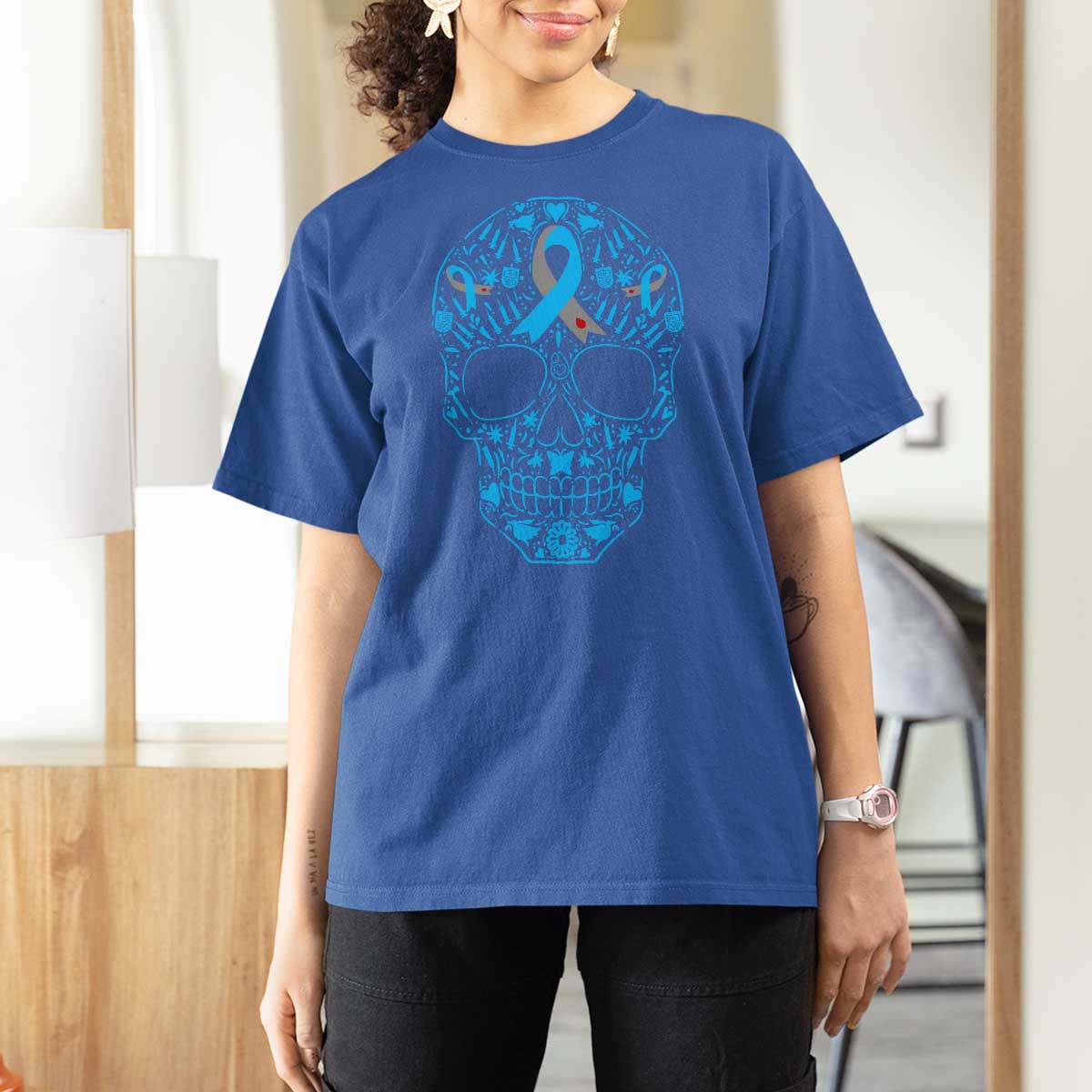 Diabetes Awareness Skull T Shirt For Women Blue Ribbon T1D Support Sugar Skull - Wonder Print Shop