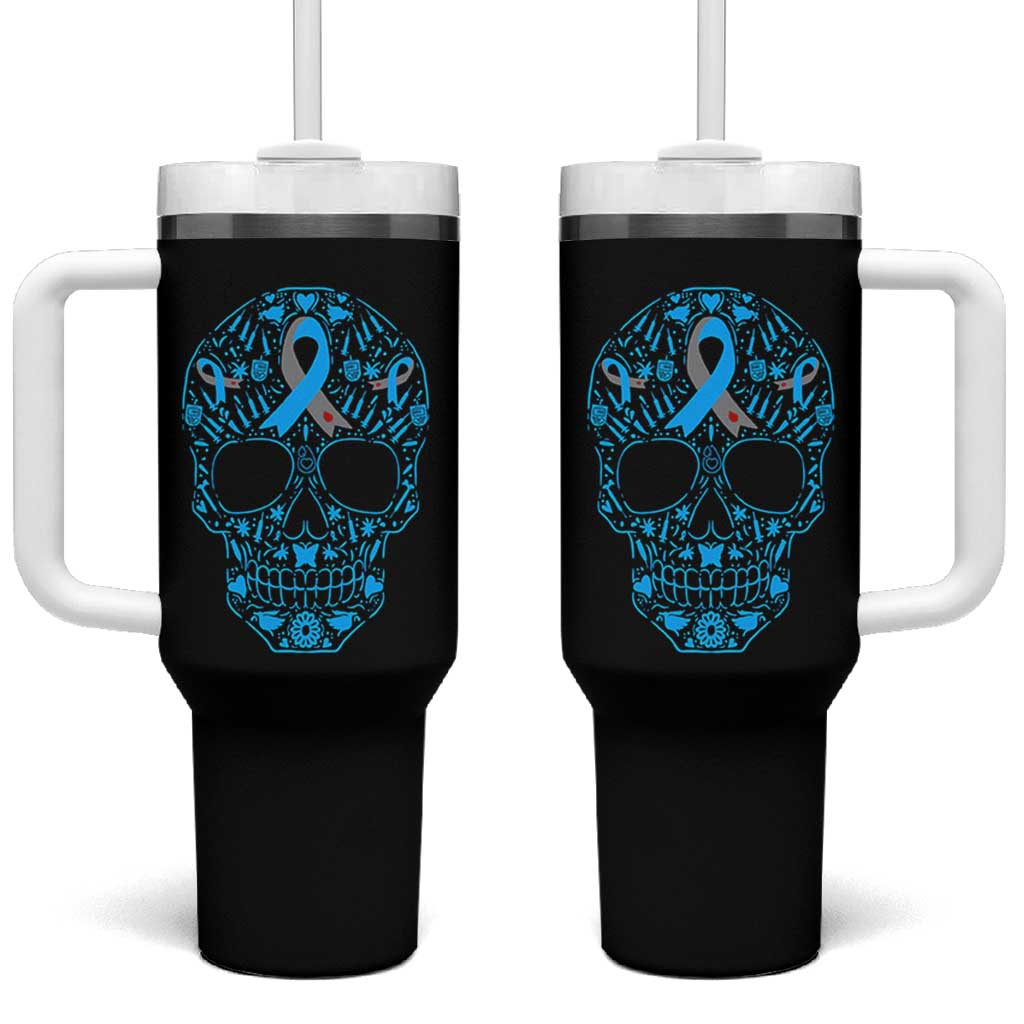 Diabetes Awareness Skull Tumbler With Handle Blue Ribbon T1D Support Sugar Skull - Wonder Print Shop