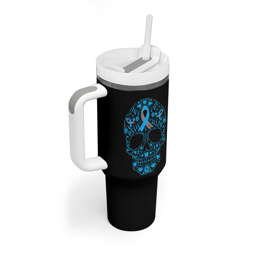 Diabetes Awareness Skull Tumbler With Handle Blue Ribbon T1D Support Sugar Skull - Wonder Print Shop
