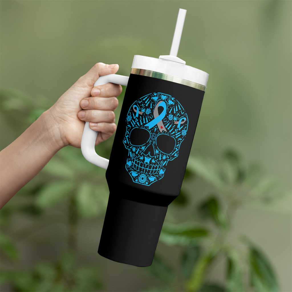 Diabetes Awareness Skull Tumbler With Handle Blue Ribbon T1D Support Sugar Skull - Wonder Print Shop