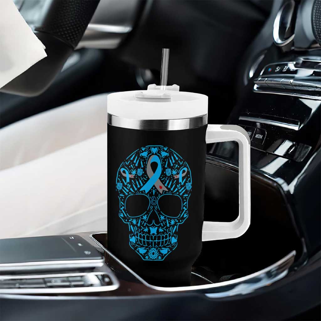 Diabetes Awareness Skull Tumbler With Handle Blue Ribbon T1D Support Sugar Skull - Wonder Print Shop