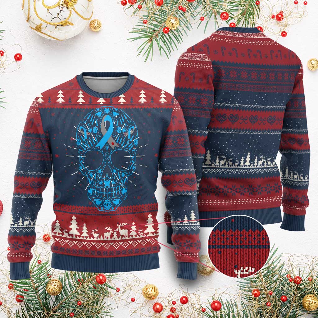 Diabetes Awareness Skull Knitted Sweatshirt Blue Ribbon T1D Support Sugar Skull - Wonder Print Shop