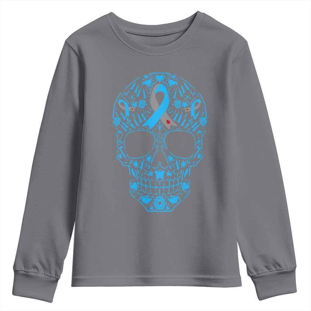 Diabetes Awareness Skull Youth Sweatshirt Blue Ribbon T1D Support Sugar Skull - Wonder Print Shop