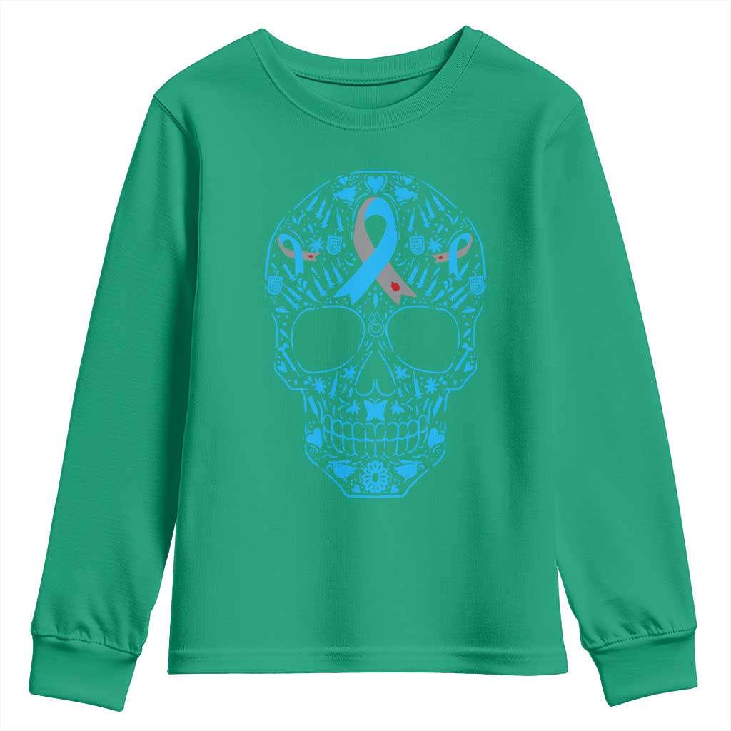 Diabetes Awareness Skull Youth Sweatshirt Blue Ribbon T1D Support Sugar Skull - Wonder Print Shop