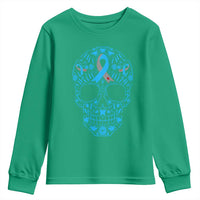 Diabetes Awareness Skull Youth Sweatshirt Blue Ribbon T1D Support Sugar Skull - Wonder Print Shop