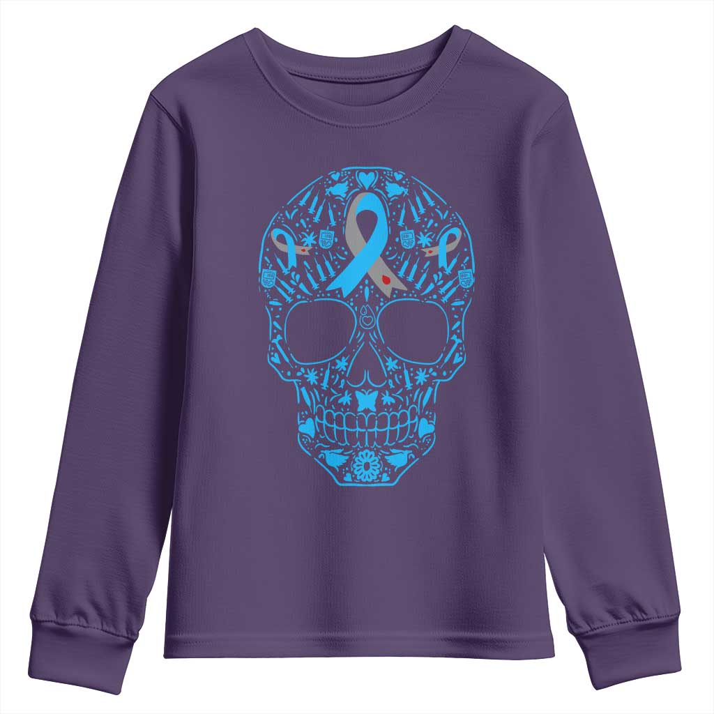 Diabetes Awareness Skull Youth Sweatshirt Blue Ribbon T1D Support Sugar Skull - Wonder Print Shop