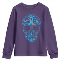 Diabetes Awareness Skull Youth Sweatshirt Blue Ribbon T1D Support Sugar Skull - Wonder Print Shop