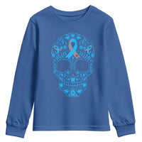 Diabetes Awareness Skull Youth Sweatshirt Blue Ribbon T1D Support Sugar Skull - Wonder Print Shop