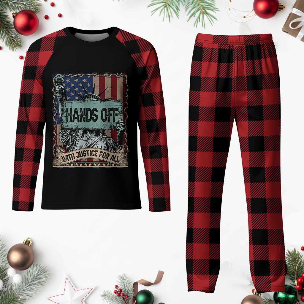 Funny Hands Off With Justice For All Plaid Pajama Set Statue Of Liberty American Flag - Wonder Print Shop
