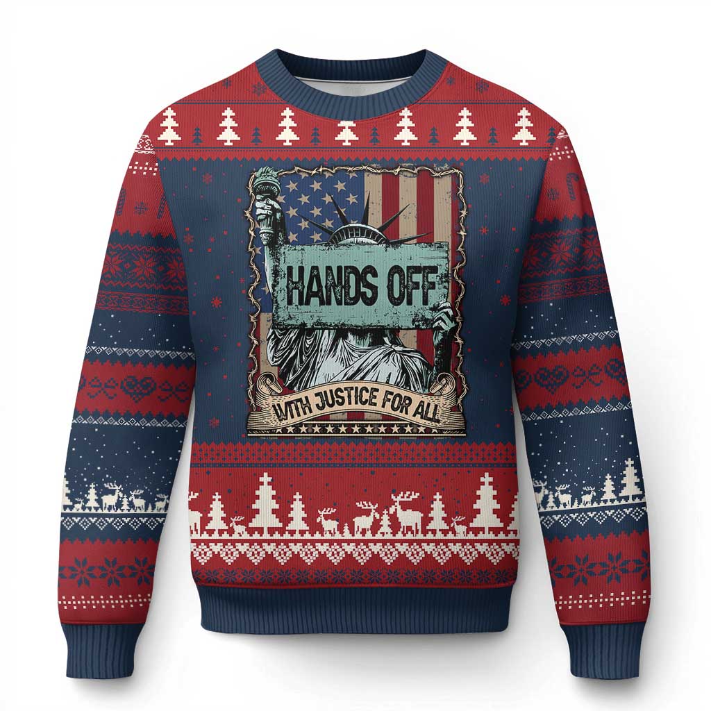 Funny Hands Off With Justice For All Ugly Christmas Sweater Statue Of Liberty American Flag - Wonder Print Shop