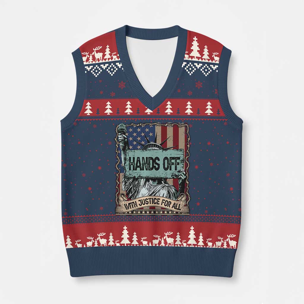 Funny Hands Off With Justice For All V-Neck Knit Sweater Vest Statue Of Liberty American Flag - Wonder Print Shop