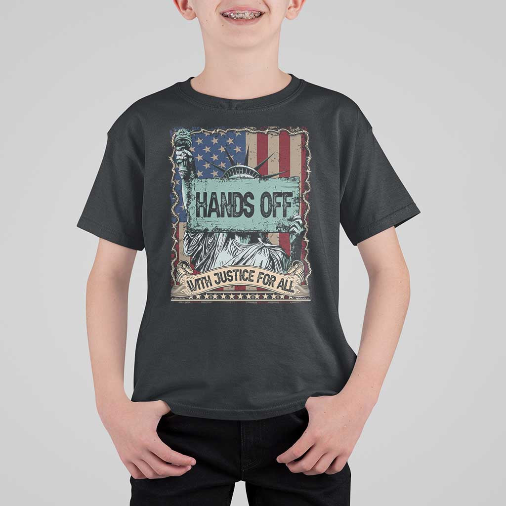 Funny Hands Off With Justice For All T Shirt For Kid Statue Of Liberty American Flag