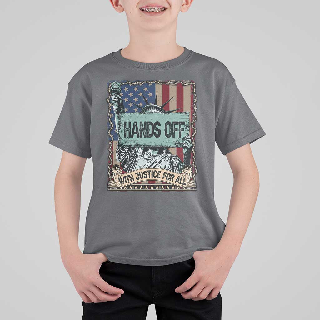 Funny Hands Off With Justice For All T Shirt For Kid Statue Of Liberty American Flag