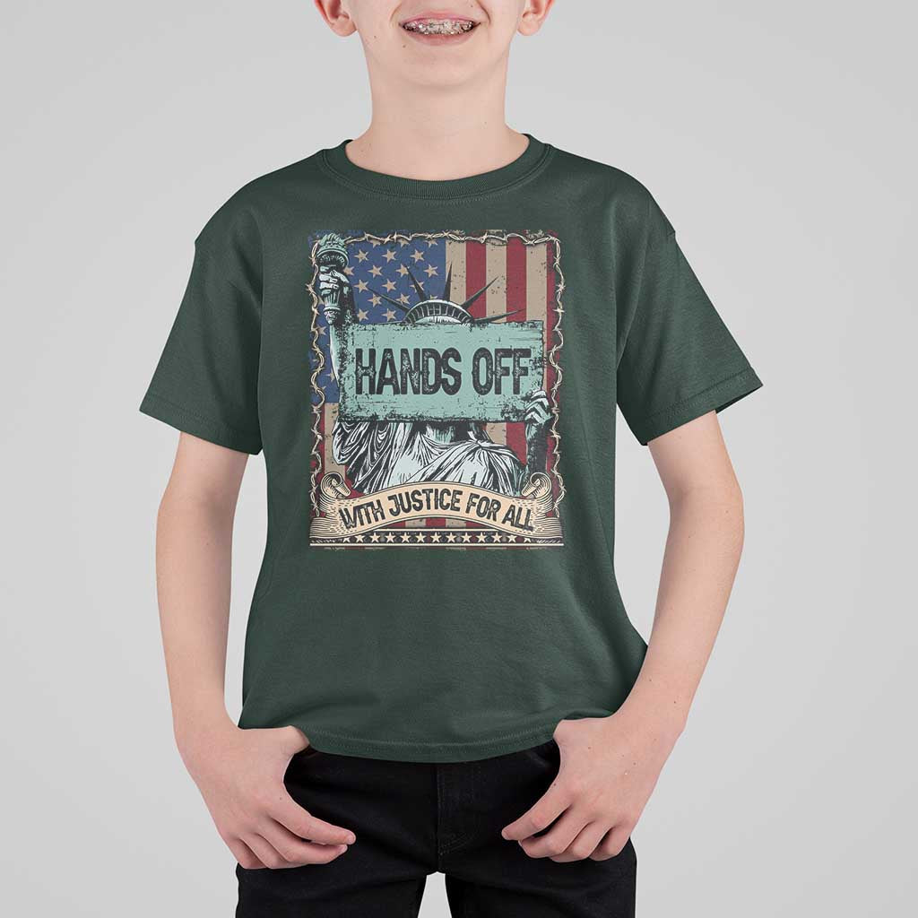 Funny Hands Off With Justice For All T Shirt For Kid Statue Of Liberty American Flag