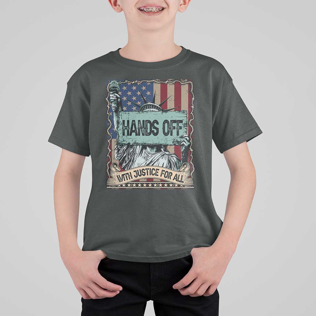 Funny Hands Off With Justice For All T Shirt For Kid Statue Of Liberty American Flag