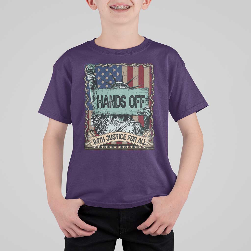 Funny Hands Off With Justice For All T Shirt For Kid Statue Of Liberty American Flag