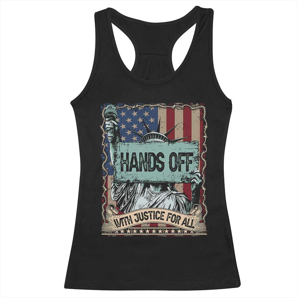 Funny Hands Off With Justice For All Racerback Tank Top Statue Of Liberty American Flag