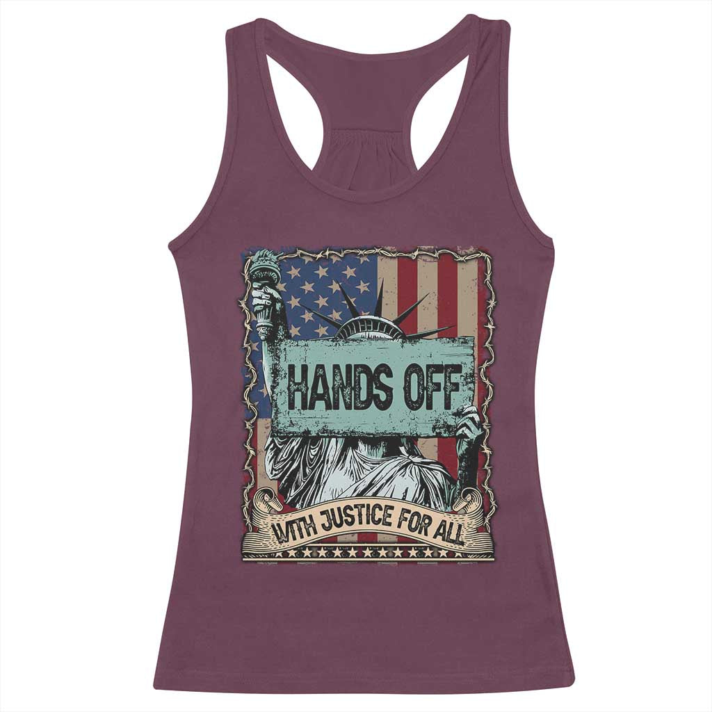 Funny Hands Off With Justice For All Racerback Tank Top Statue Of Liberty American Flag