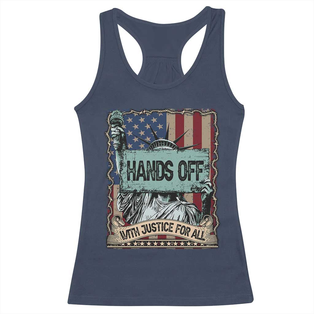 Funny Hands Off With Justice For All Racerback Tank Top Statue Of Liberty American Flag