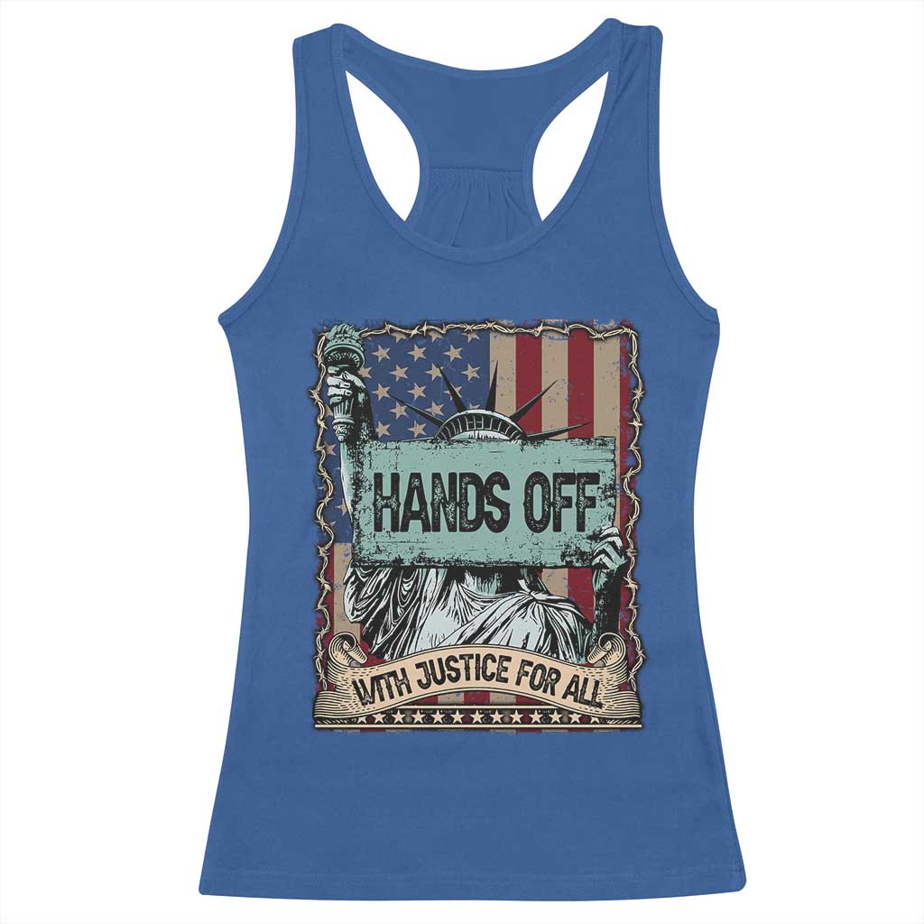 Funny Hands Off With Justice For All Racerback Tank Top Statue Of Liberty American Flag