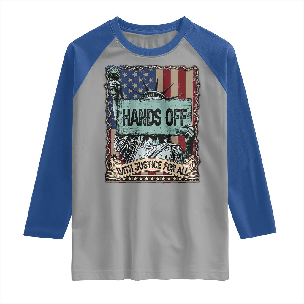 Funny Hands Off With Justice For All Raglan Shirt Statue Of Liberty American Flag
