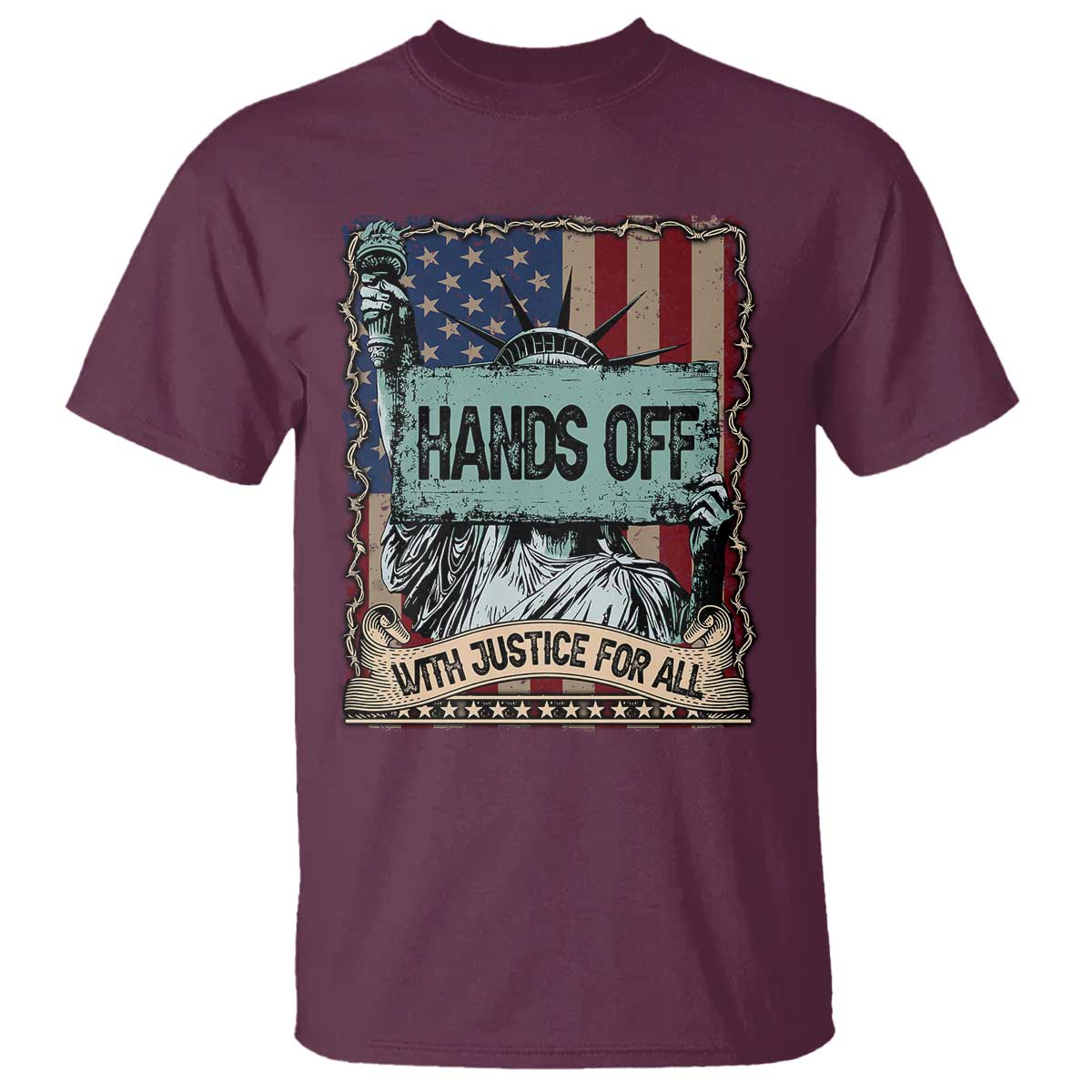 Funny Hands Off With Justice For All T Shirt Statue Of Liberty American Flag