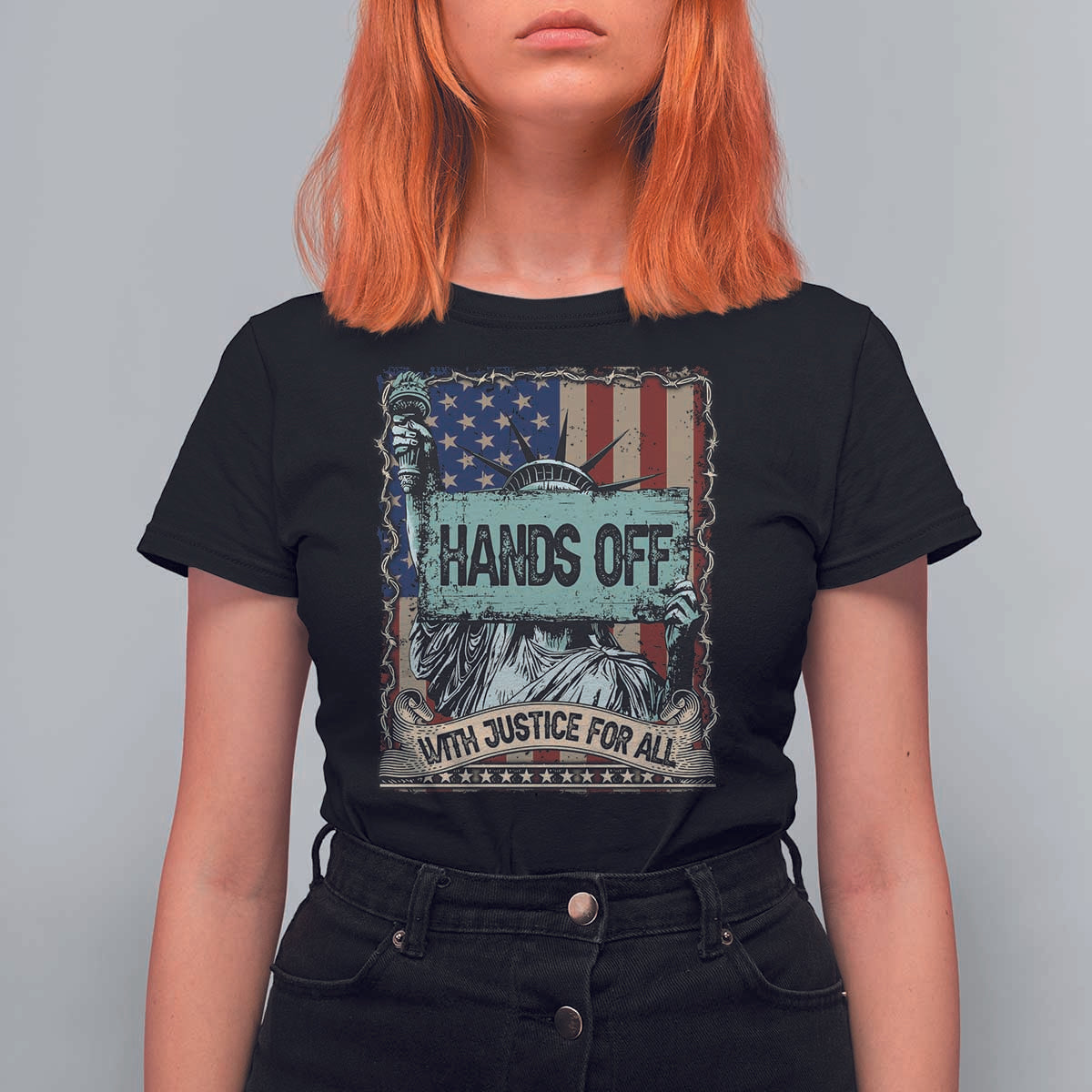 Funny Hands Off With Justice For All T Shirt For Women Statue Of Liberty American Flag