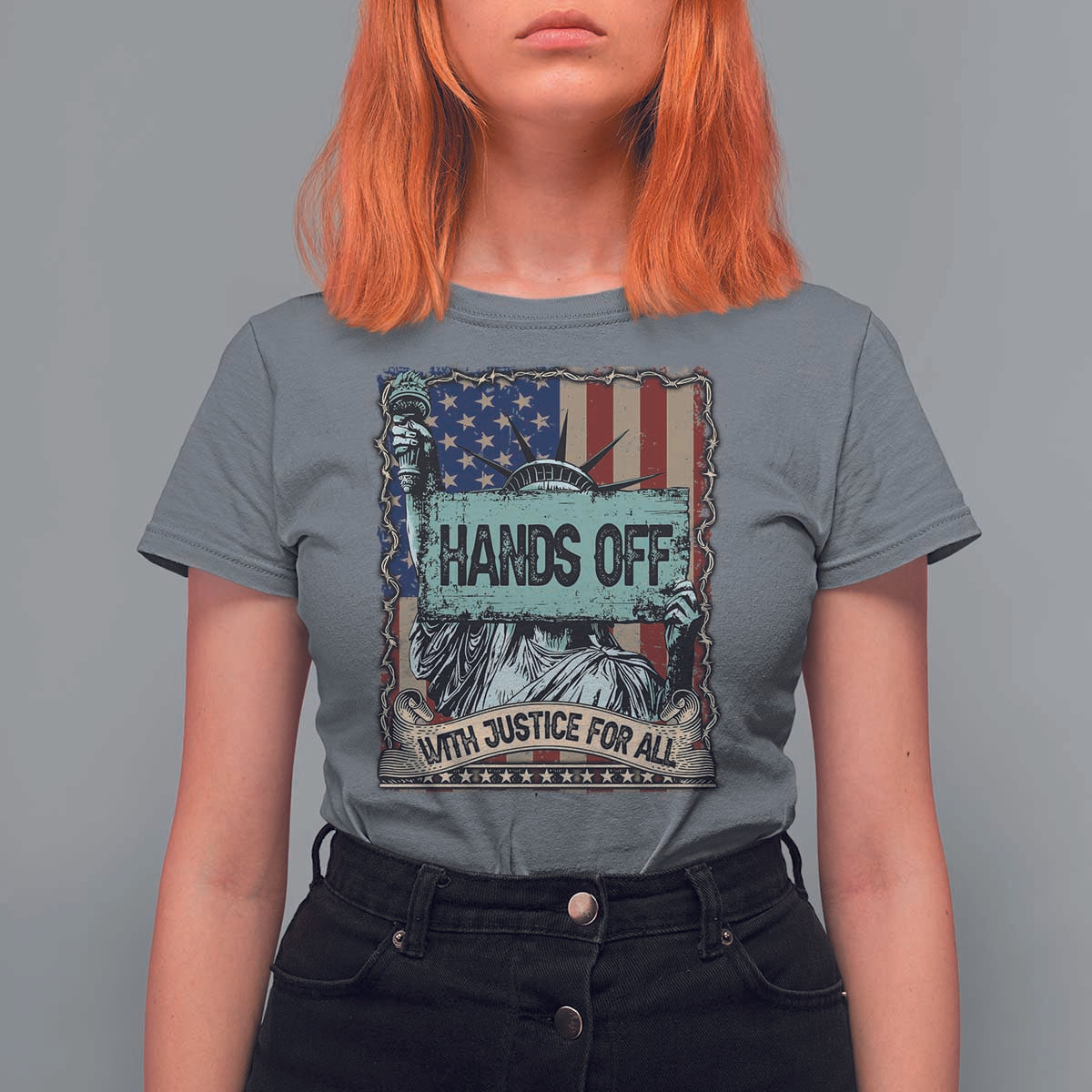 Funny Hands Off With Justice For All T Shirt For Women Statue Of Liberty American Flag