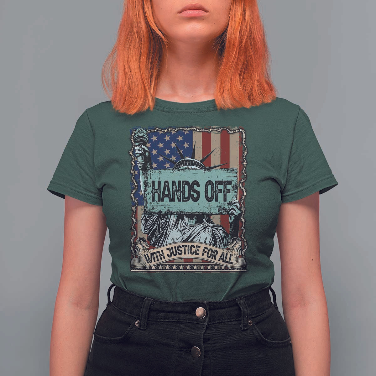 Funny Hands Off With Justice For All T Shirt For Women Statue Of Liberty American Flag