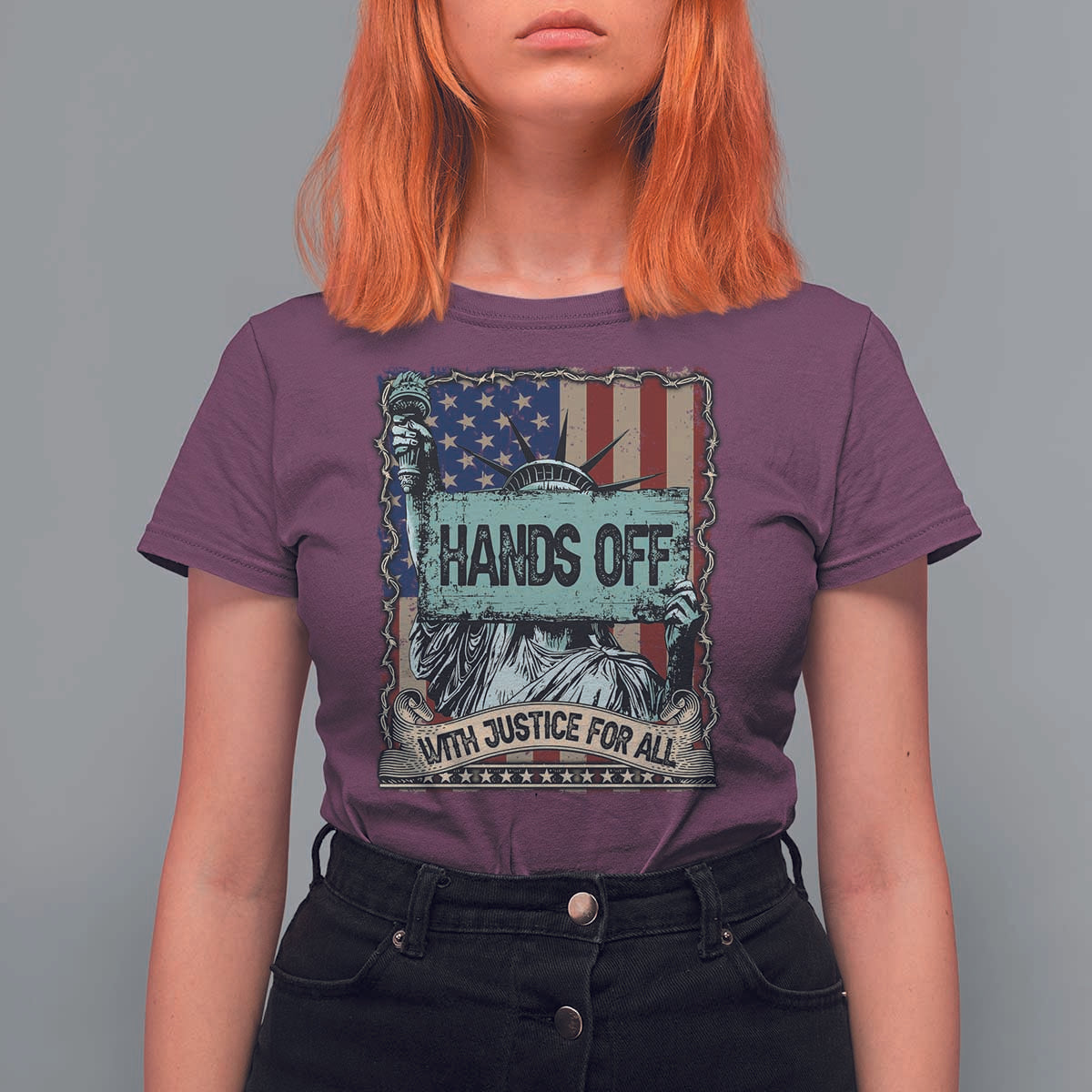 Funny Hands Off With Justice For All T Shirt For Women Statue Of Liberty American Flag