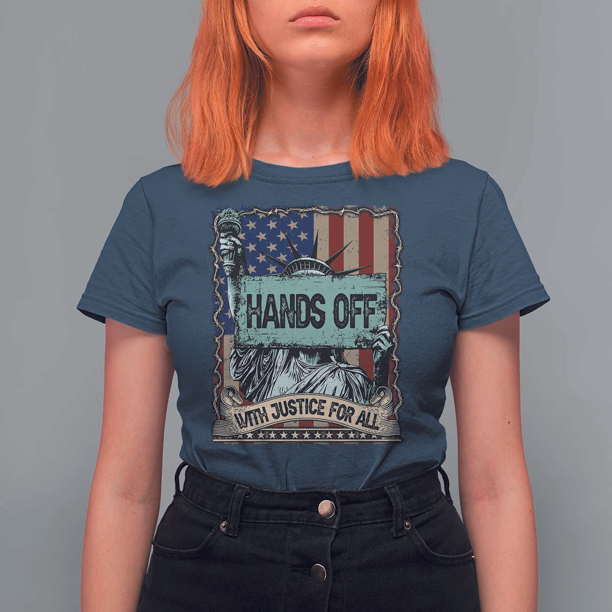 Funny Hands Off With Justice For All T Shirt For Women Statue Of Liberty American Flag