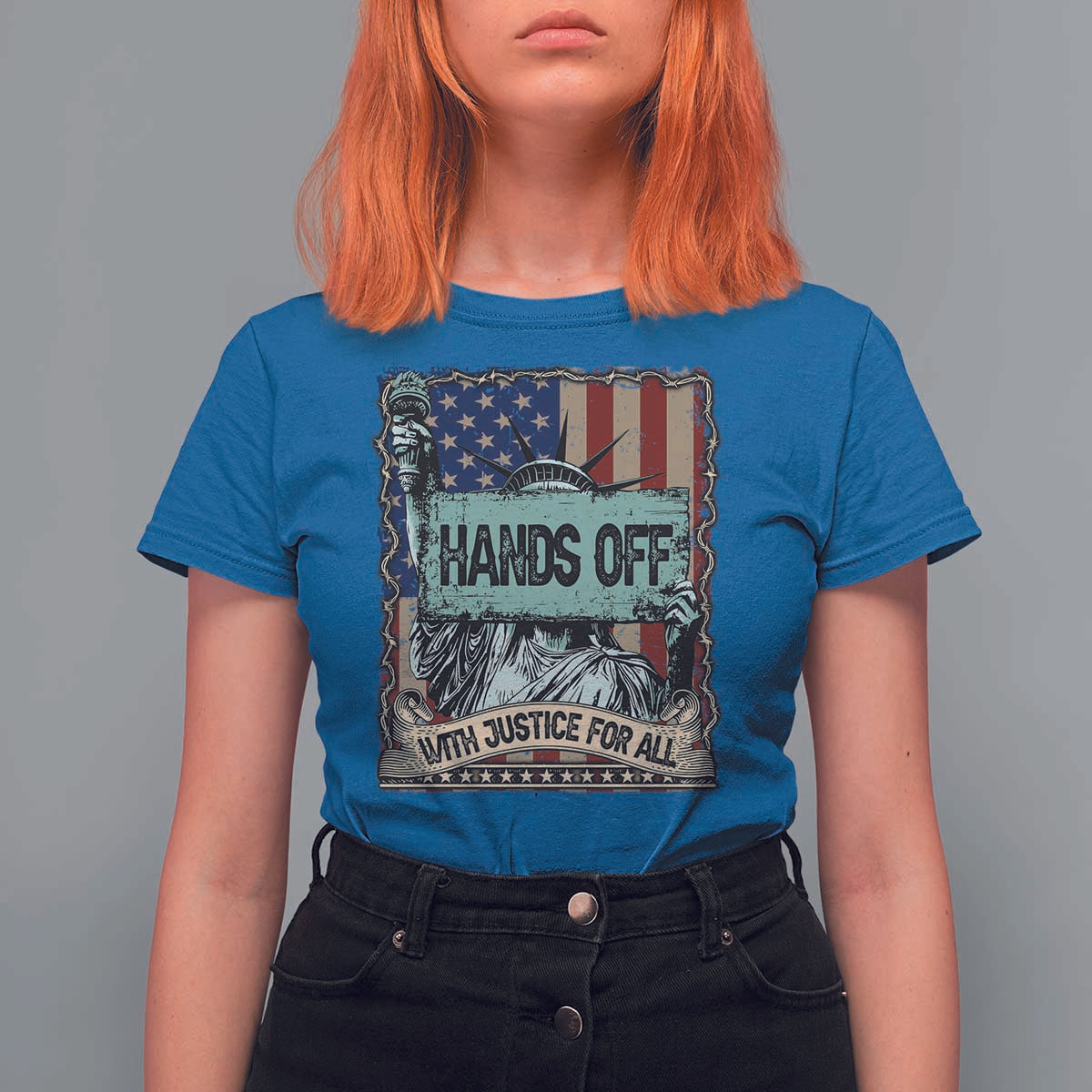 Funny Hands Off With Justice For All T Shirt For Women Statue Of Liberty American Flag