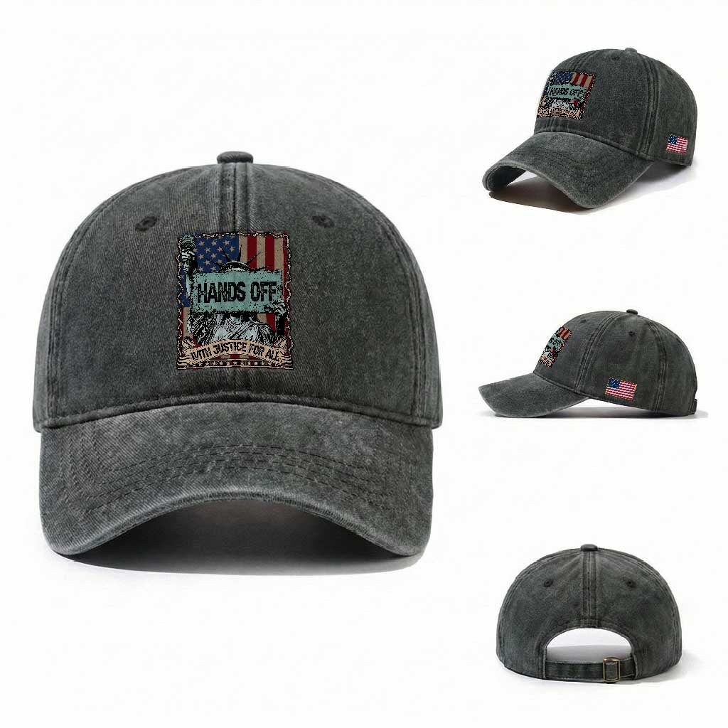 Funny Hands Off With Justice For All Washed Cotton Baseball Cap Statue Of Liberty American Flag