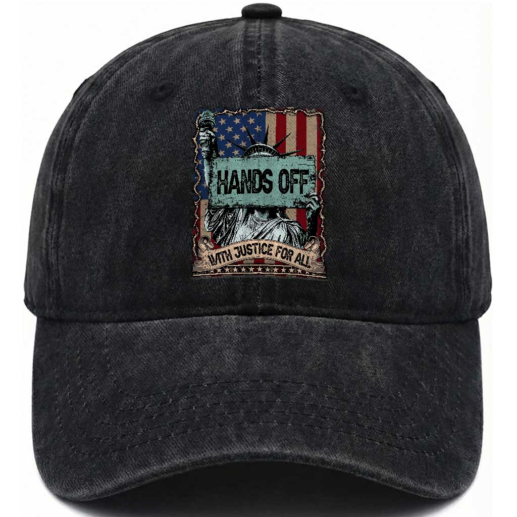 Funny Hands Off With Justice For All Washed Cotton Baseball Cap Statue Of Liberty American Flag