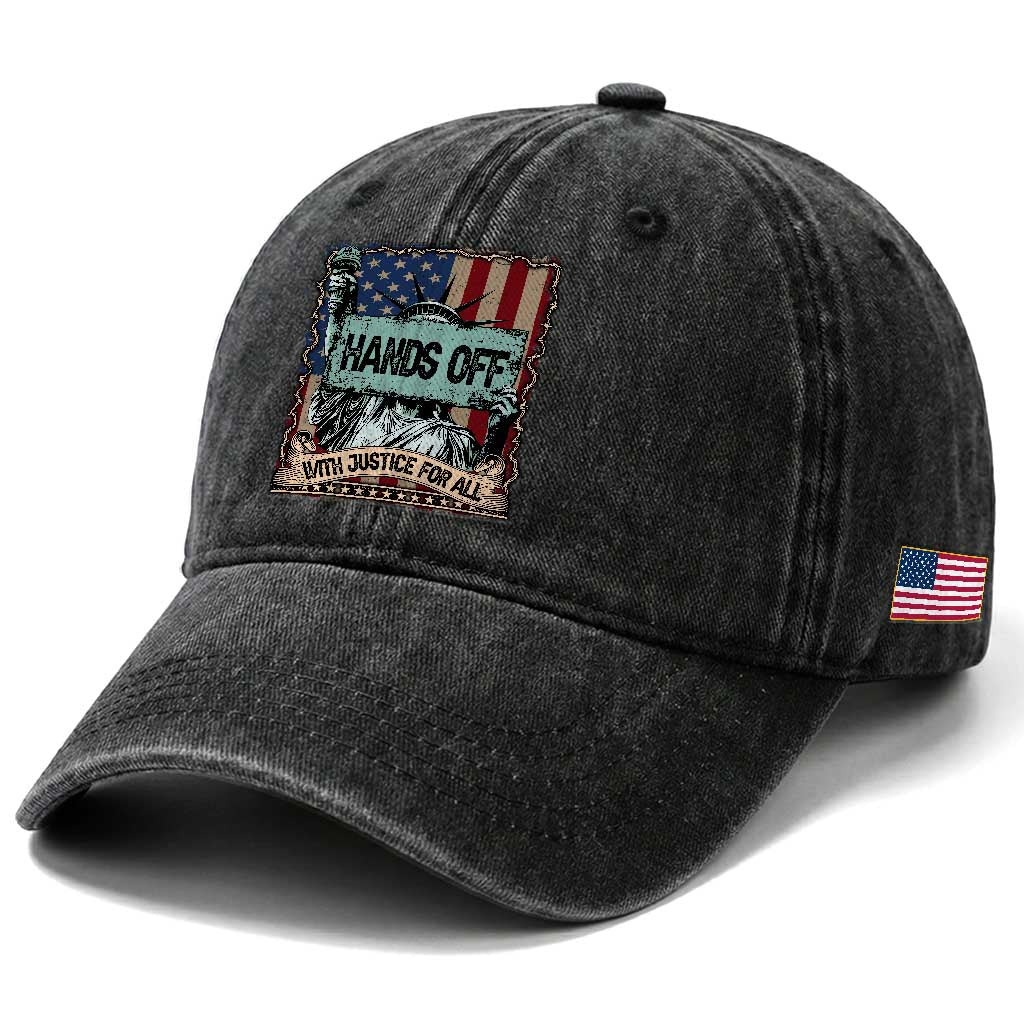 Funny Hands Off With Justice For All Washed Cotton Baseball Cap Statue Of Liberty American Flag