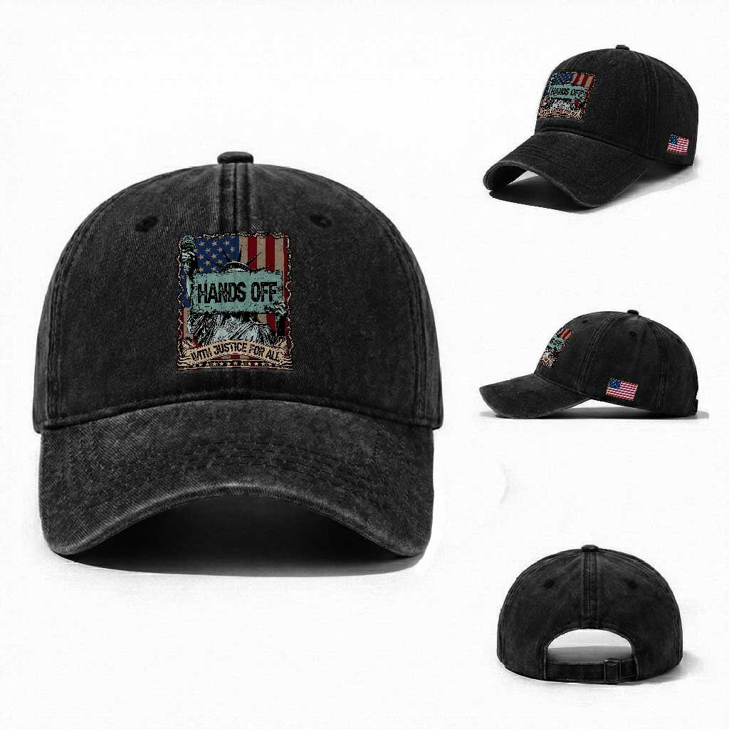 Funny Hands Off With Justice For All Washed Cotton Baseball Cap Statue Of Liberty American Flag