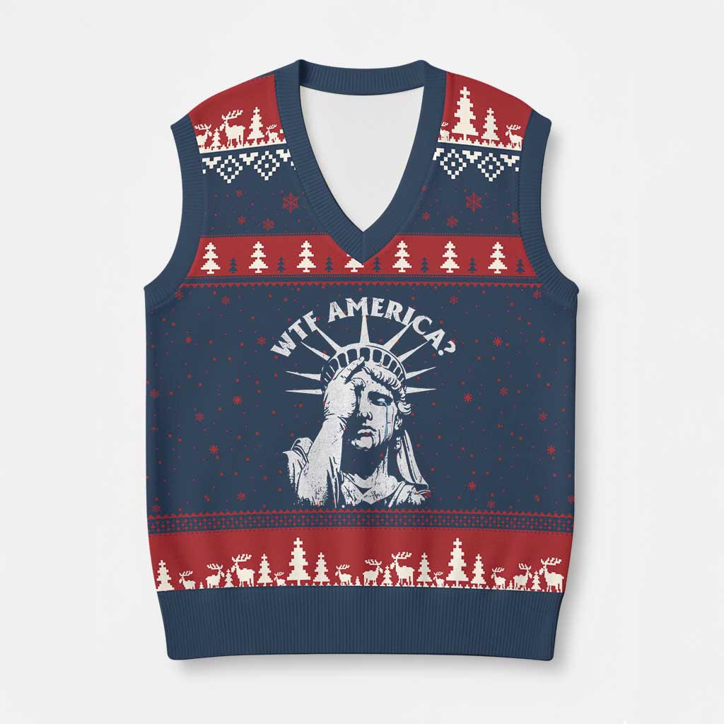 Funny Statue Of Liberty WTF America V-Neck Knit Sweater Vest - Wonder Print Shop