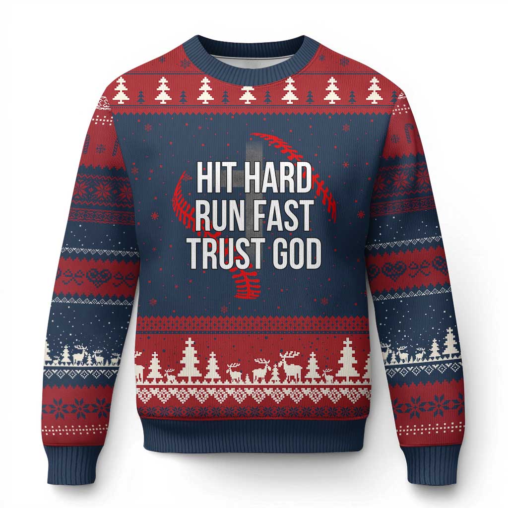 Hit Hard Run Fast Trust God Christian Baseball Ugly Christmas Sweater