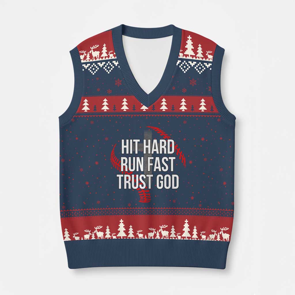 Hit Hard Run Fast Trust God Christian Baseball V-Neck Knit Sweater Vest