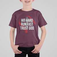 Hit Hard Run Fast Trust God Christian Baseball T Shirt For Kid