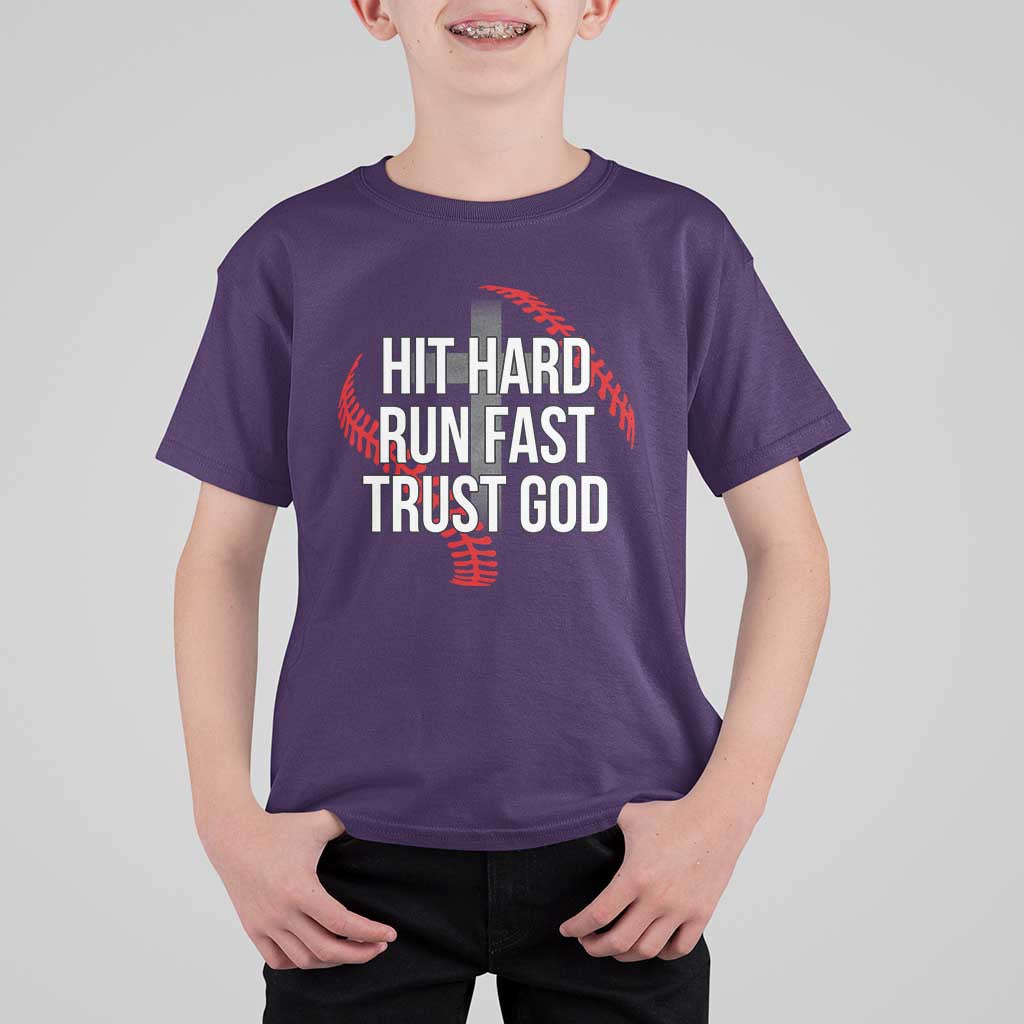 Hit Hard Run Fast Trust God Christian Baseball T Shirt For Kid