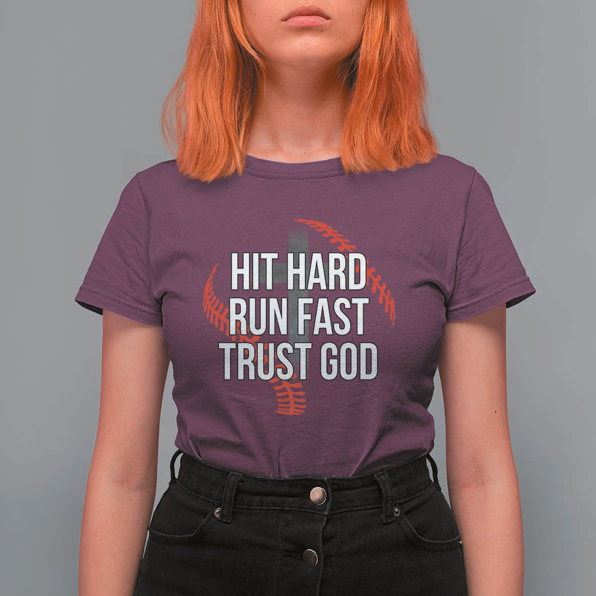 Hit Hard Run Fast Trust God Christian Baseball T Shirt For Women