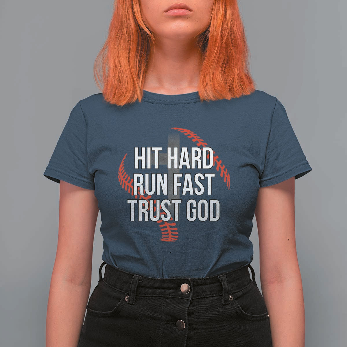 Hit Hard Run Fast Trust God Christian Baseball T Shirt For Women
