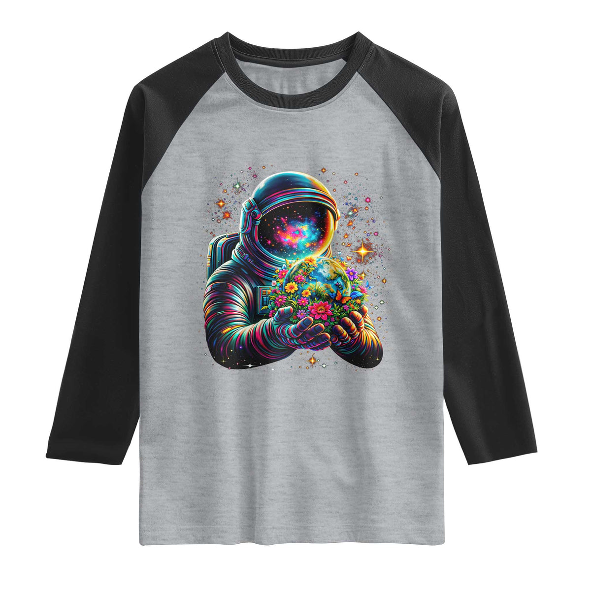 Astronaut Earth Flowers Spaceman Planet Galaxy Universe Raglan Shirt