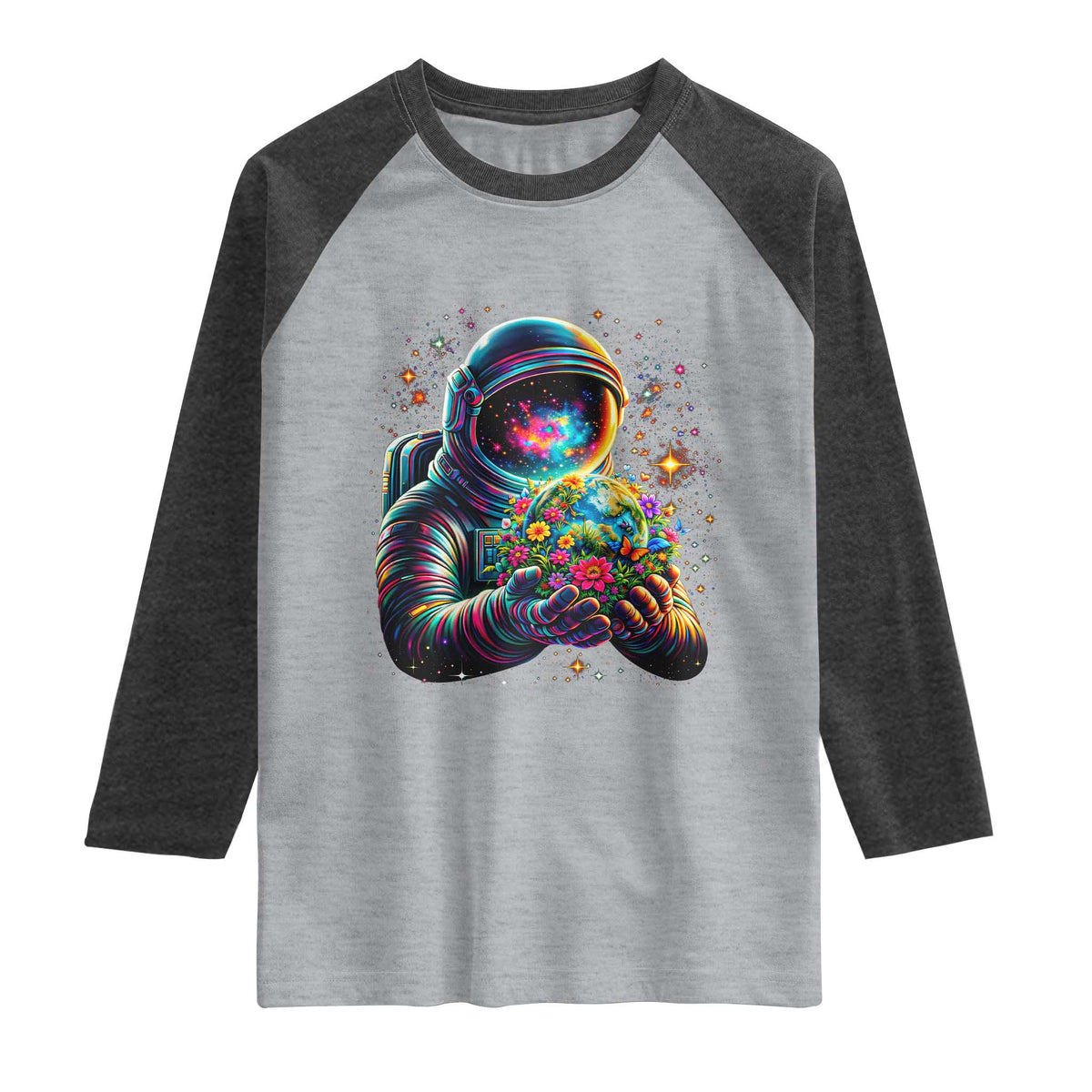 Astronaut Earth Flowers Spaceman Planet Galaxy Universe Raglan Shirt