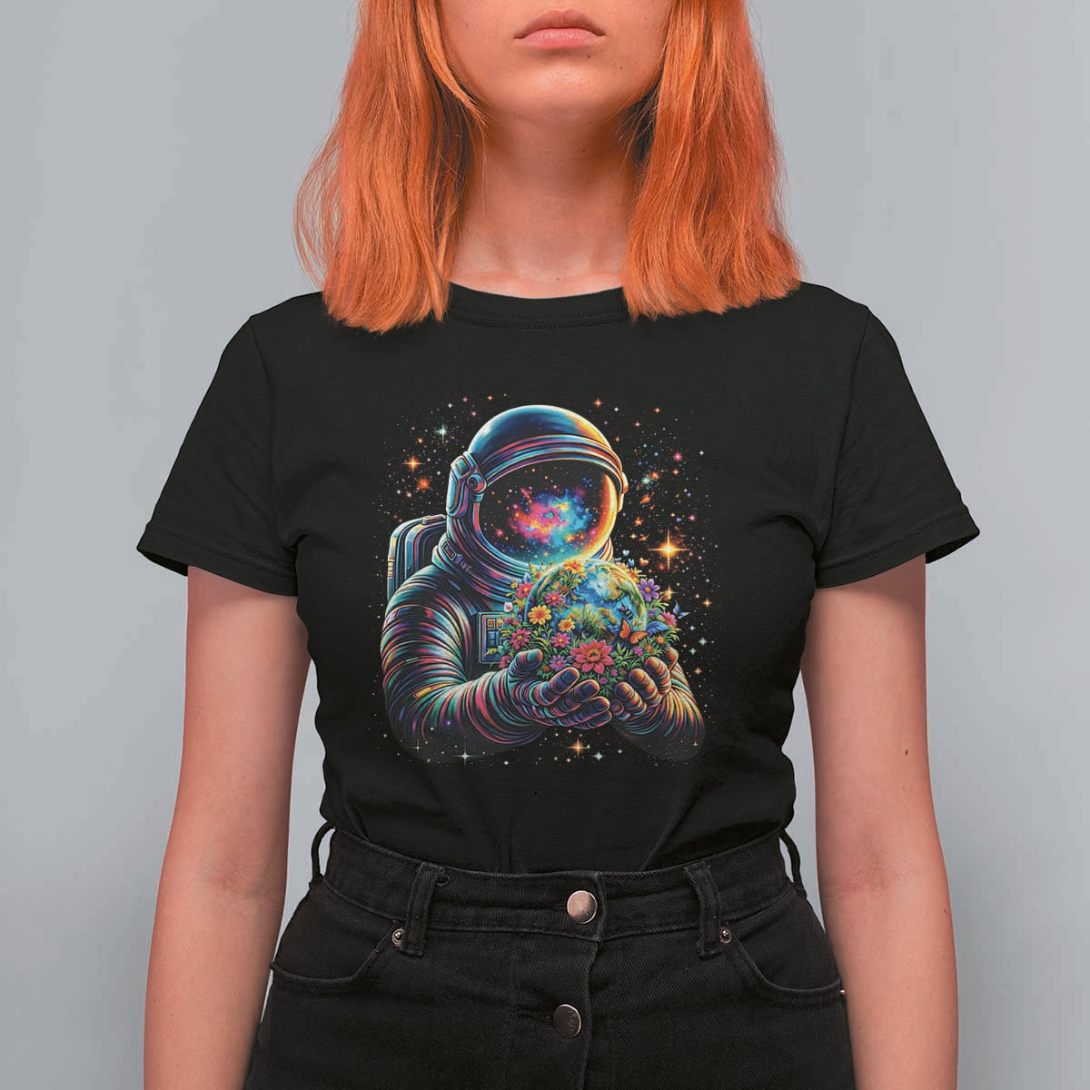Astronaut Earth Flowers Spaceman Planet Galaxy Universe T Shirt For Women