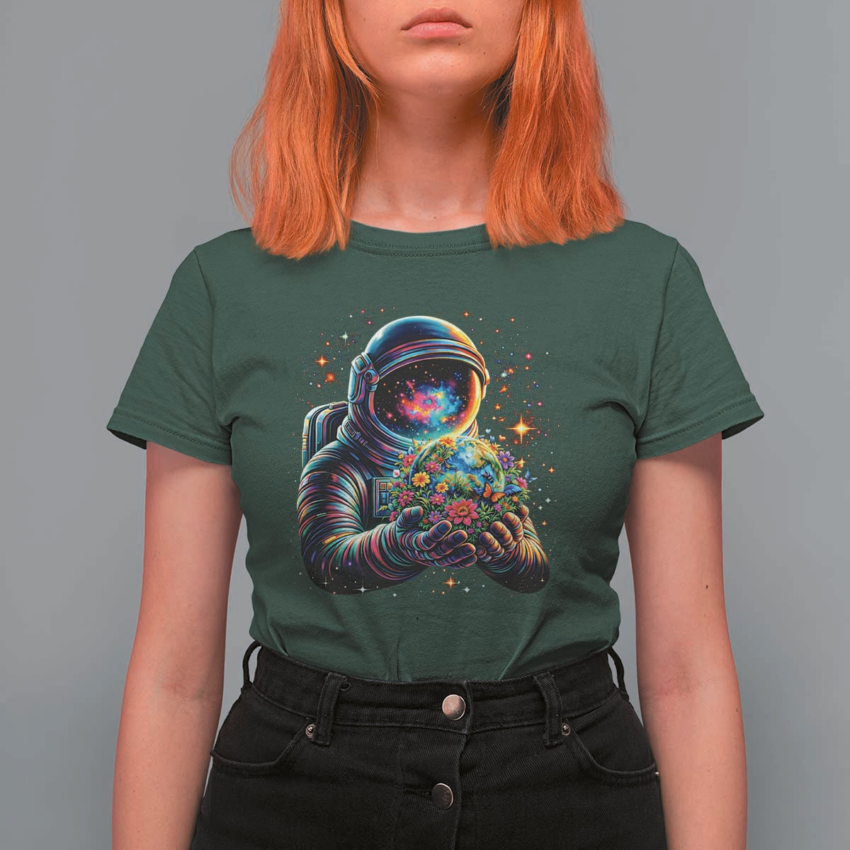 Astronaut Earth Flowers Spaceman Planet Galaxy Universe T Shirt For Women