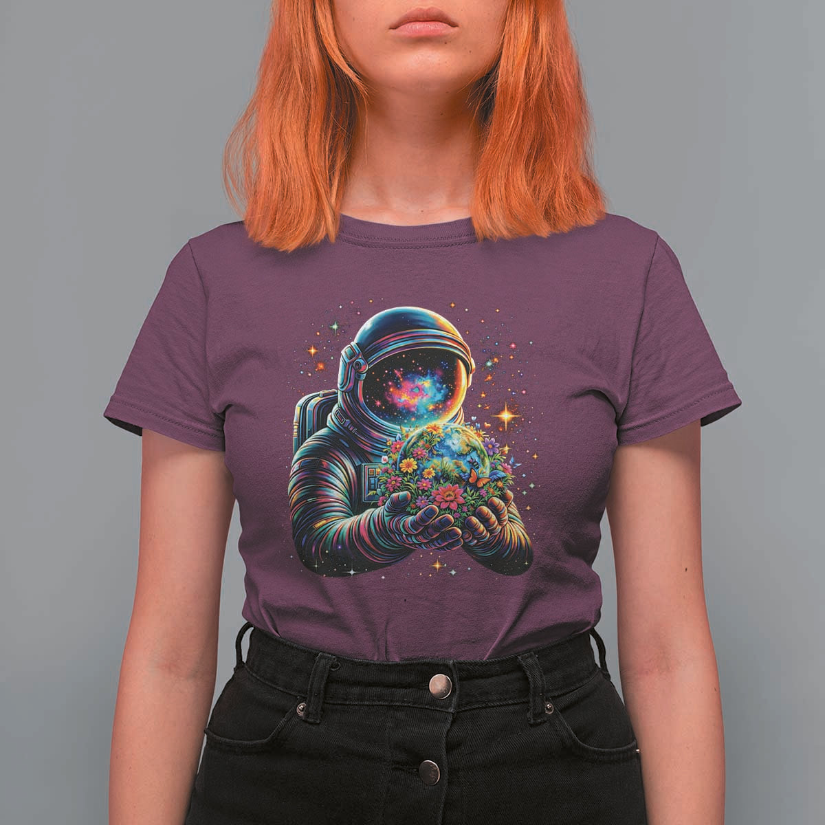 Astronaut Earth Flowers Spaceman Planet Galaxy Universe T Shirt For Women